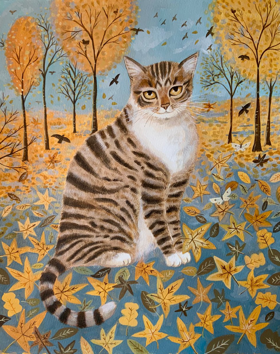 Impressionistic Animal Acrylic Painting By Mary Stubberfield, 16 X 20", Autumn Tabby, Original Artwork