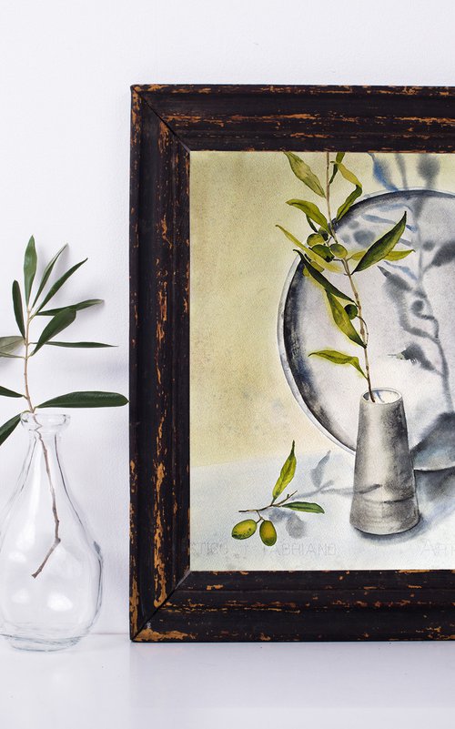 The olives branch - original watercolor gray and green - light and sunny by Delnara El