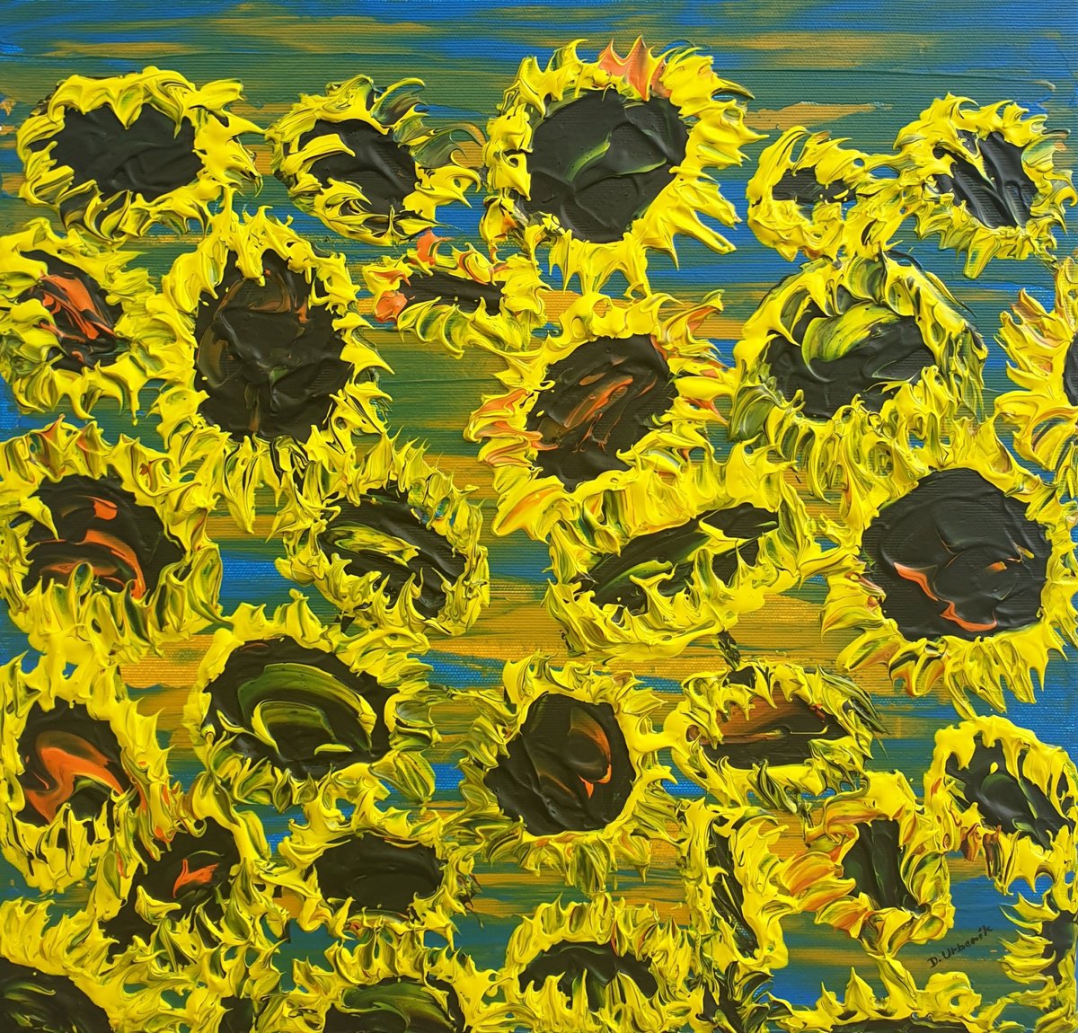 Impressionistic Landscape Acrylic Painting By Daniel Urbani?k, 16 X 16, Blooming Sunflowers 5, Original Artwork