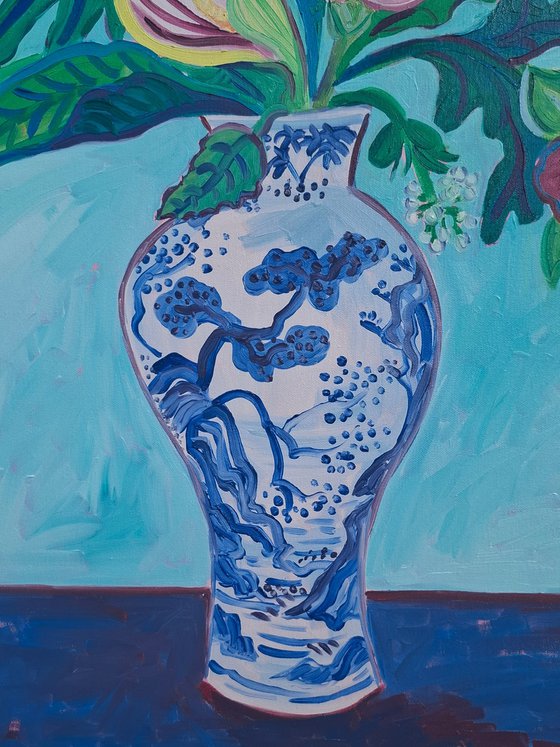 Tropical Bouquet in a Blue and White Vase