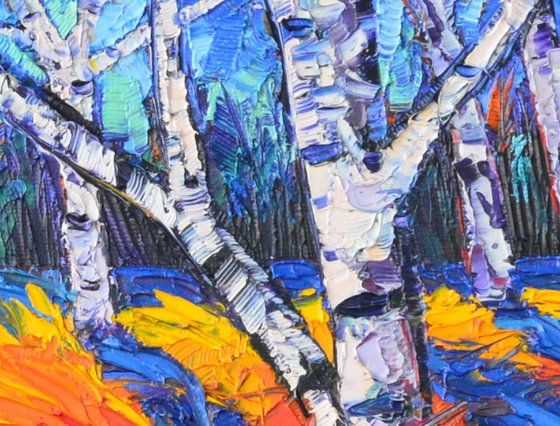 FALL BIRCHES AT SUNRISE 70x50 cm palette knife landscape contemporary impressionistic oil painting