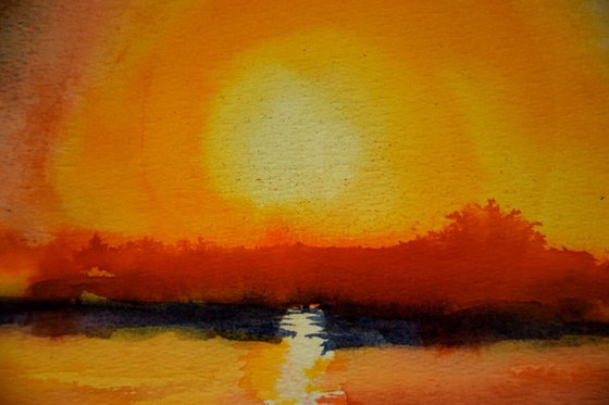 Sunset seascape original watercolor painting, coastal home decor