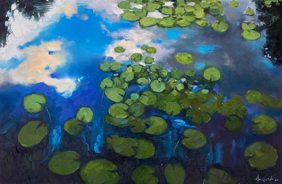 "Water-Lilies pond"-100x100cm large original oil painting by Artem Grunyka