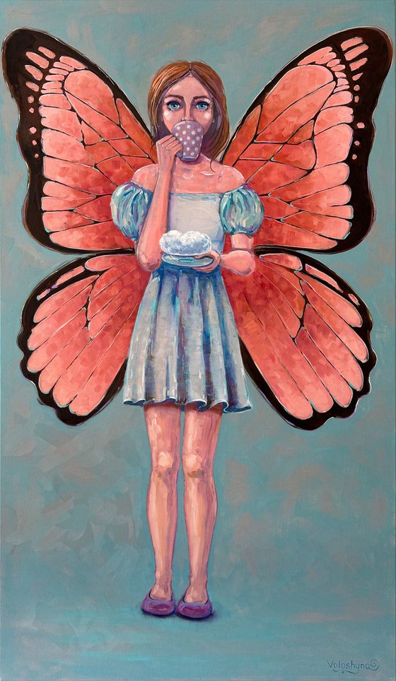 "She has wings". Original surrealistic oil painting. XXL