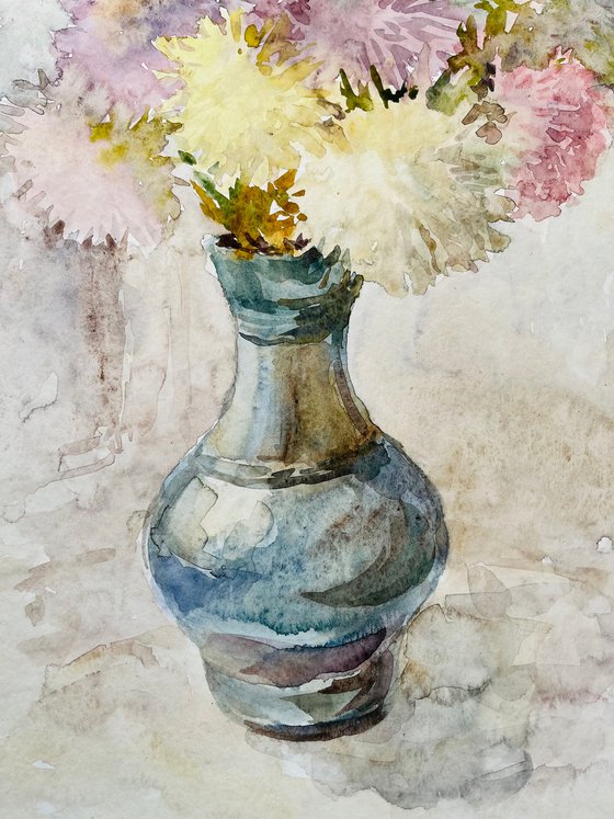 Bouquet of asters. Original watercolour painting.