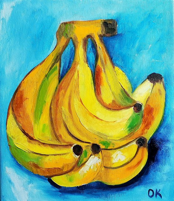 Bananas on  turquoise  Still life. Palette knife painting on linen canvas