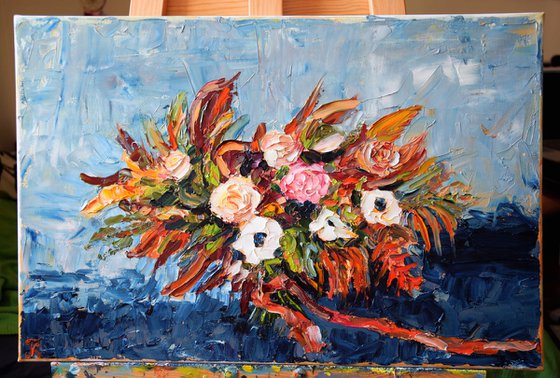 Palette knife impasto oil painting on canvas Autumn flowers
