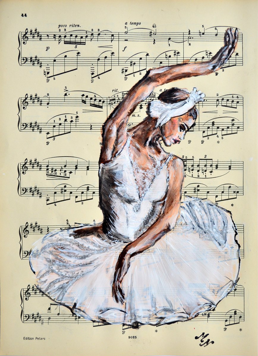 Expressive Portrait Collage By Misty Lady - M. Nierobisz, 8 X 11", Ballerina Xxxiii- Music Page, Original Artwork