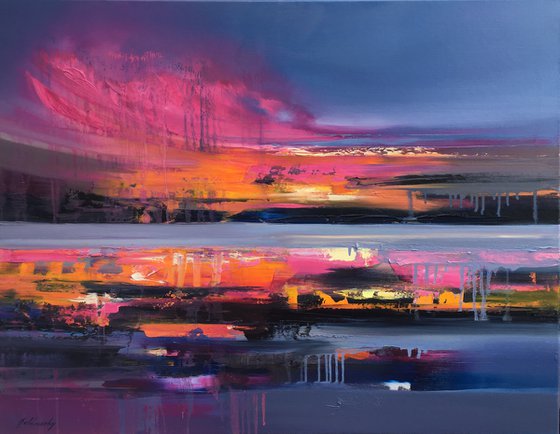 Tears of Heaven - 70 x 90 cm abstract landscape oil painting in purple and orange