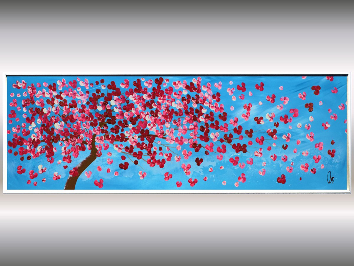 Gone with the Wind 2 - Cherry Blossom Painting in Frame, 123 x 43 cm by Edelgard Schroer