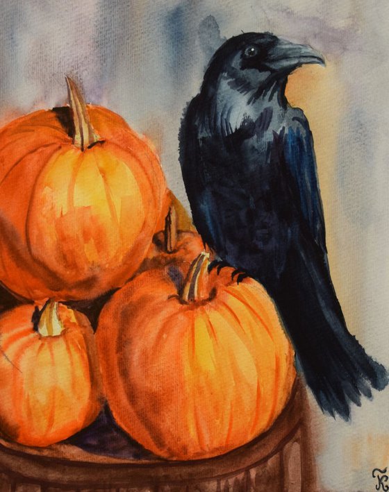 Halloween original watercolor painting, raven on pumpkins, mystic gothic wall art