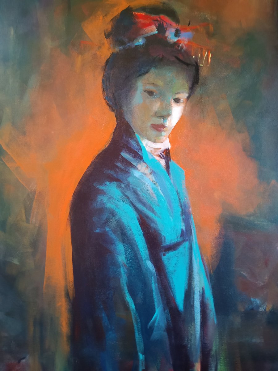 Expressive Portrait Acrylic Painting By Marina Del Pozo, 32 X 39", Blue Gheisa, Original Artwork