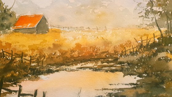 Barn and Stream Reflections, Early Morning