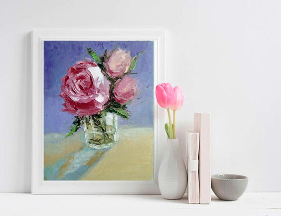 Pink Roses Painting Original Art Floral Bouquet Flower Artwork Small Wall Art