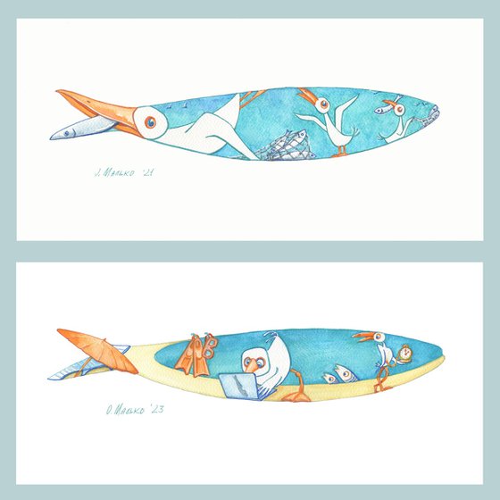 Cuckoo, Don’t miss the boat! 42x20cm. Workaholic take a rest! 42x20cm. Set from the series My Sardines / ORIGINAL art Fish picture