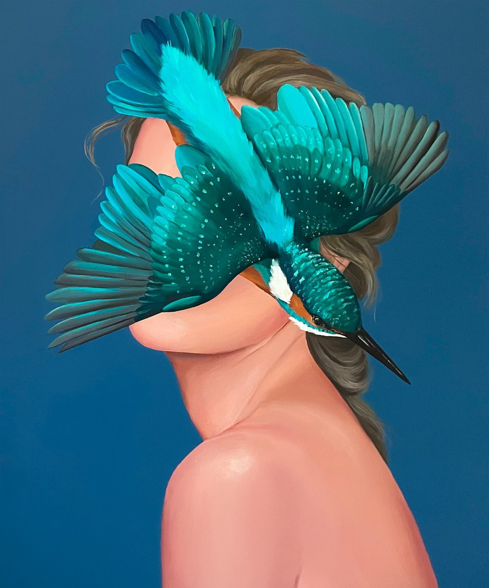 Portrait Acrylic Painting By Elina Zelena, 20 X 24, Woman With A Kingfisher, Original Artwork