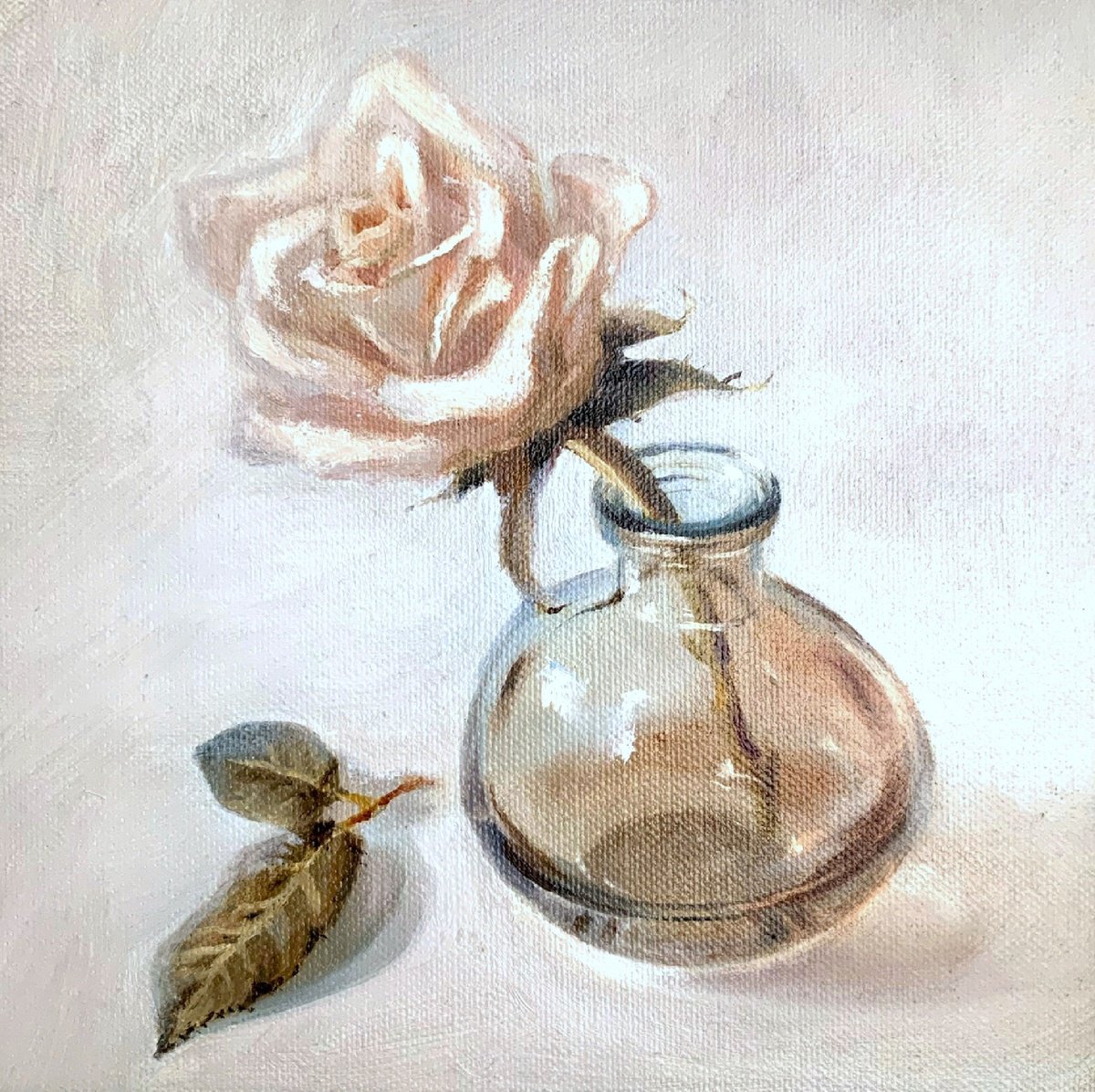 Impressionistic Still Life Oil Painting By Alena Post, 10 X 10, Rose In A Glass Vase, Vintage, Original Artwork
