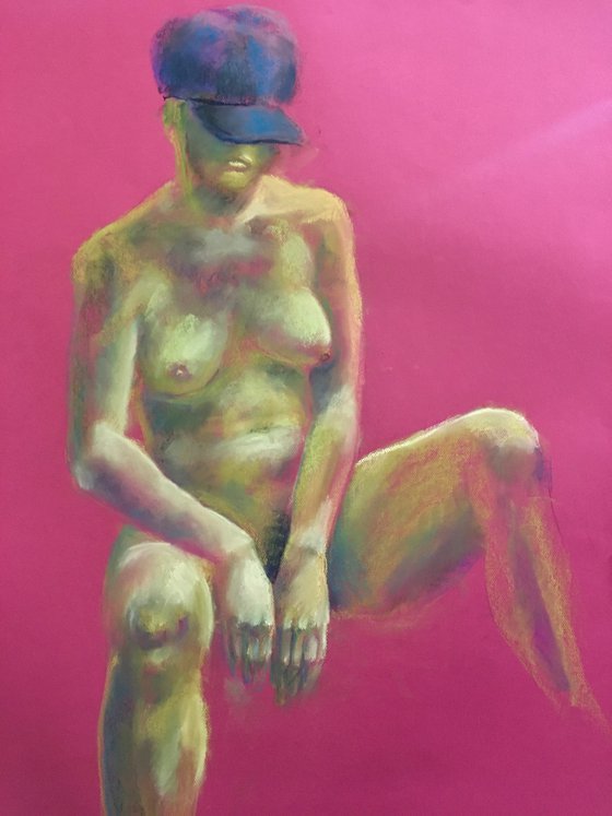 Fuchsia Nude Girl, 50*65, a soft pastel impressionistic drawing on a pink paper