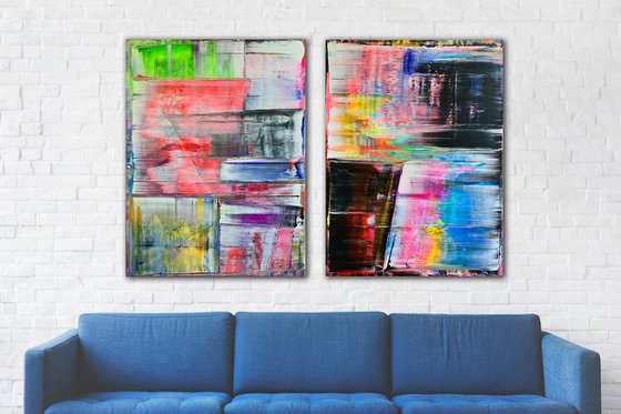 "Meet Me Halfway" - Original PMS Large Abstract Acrylic Painting Diptych On Canvas - 60" x 40"