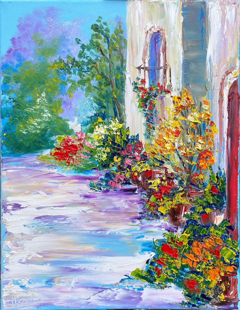 Impressionistic Cityscapes Oil Painting By Oksana Fedorova, 16 X 20", Cozy Flowering Italian Patio, Original Artwork