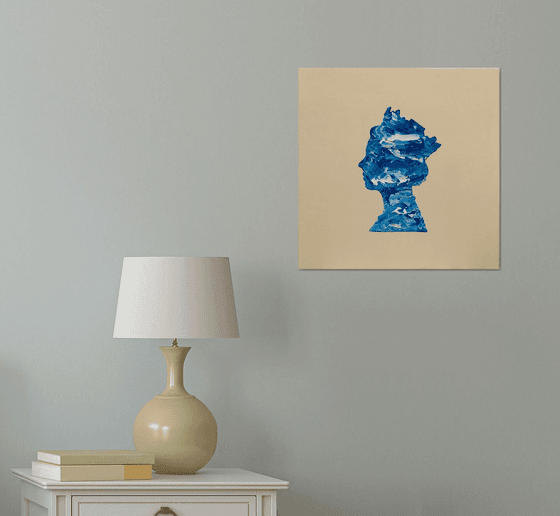 Queen # 80 on ivory , white and blue in green MARBLE PATTERN PAINTING INSPIRED BY QUEEN ELIZABETH PORTRAIT