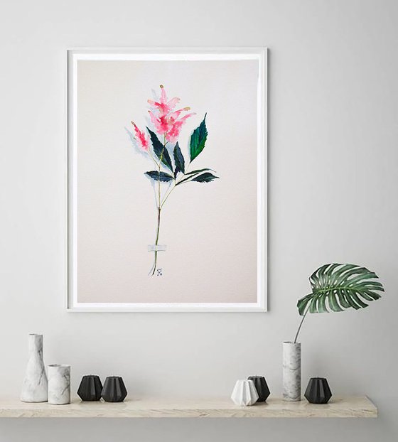 Botanical ORIGINAL watercolor painting, pink flower of mint, romantic gift for her