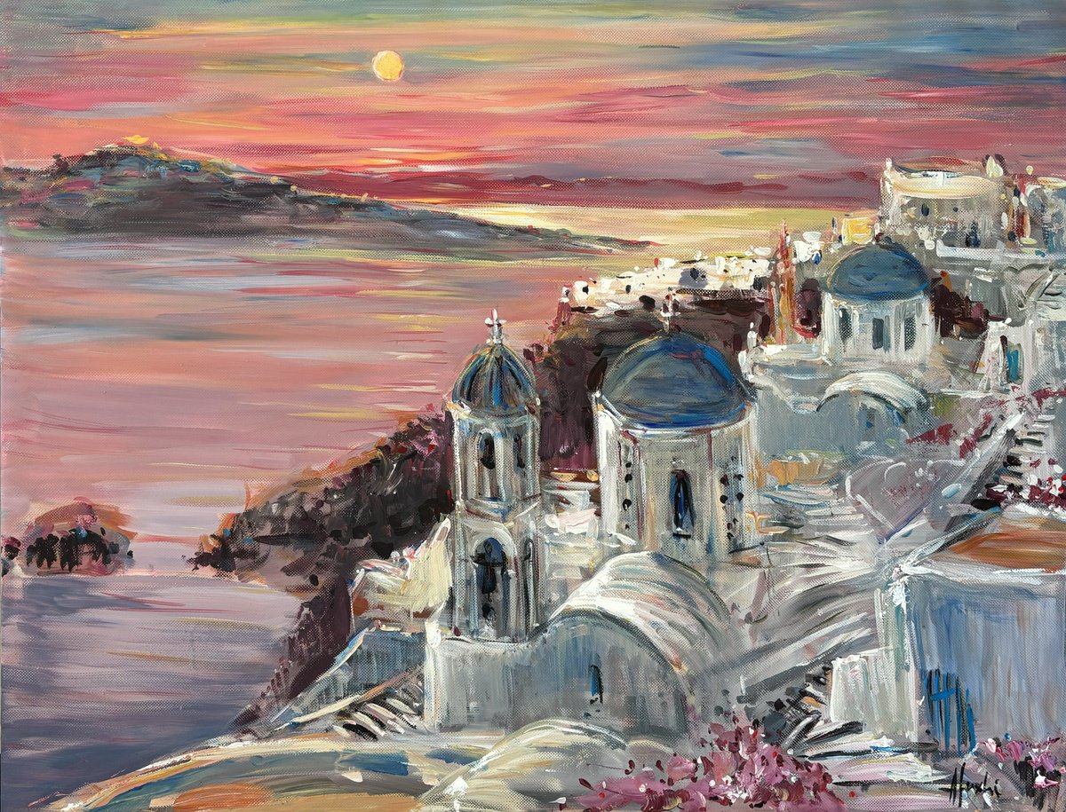 Impressionistic Landscape Acrylic Painting By Altin Furxhi, 35 X 27, Sunset In Santorini, Original Artwork
