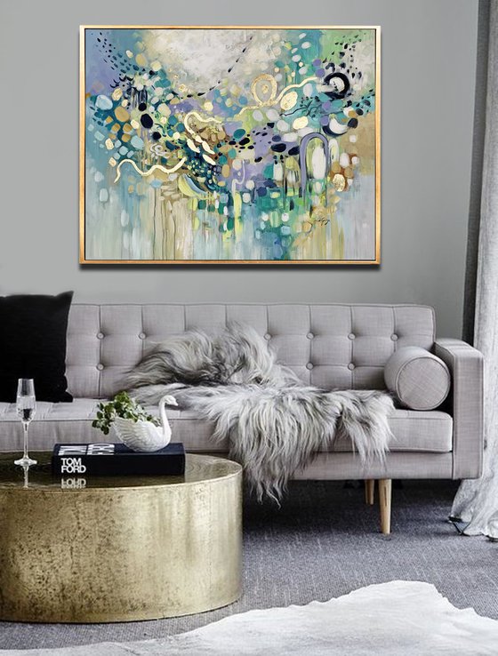 Summer Dream - Original Abstract Teal Blue Gray Gold Large Painting, Living Room Art, Minimalist Art, Wall Art Decor