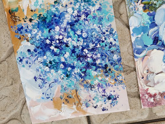 Blue flowers Paintings, Set of 2, Palette knife painting