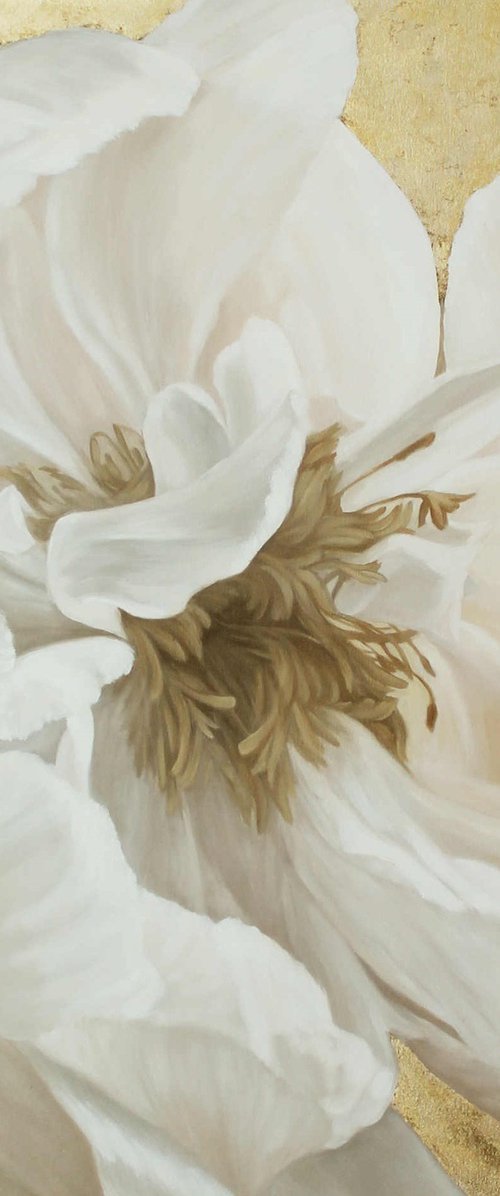 "Silk Flowers 3" White and gold peonies art by Olha Tsapenko