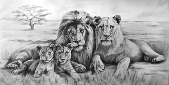 Oil painting with lions "Family" 150 * 75 cm