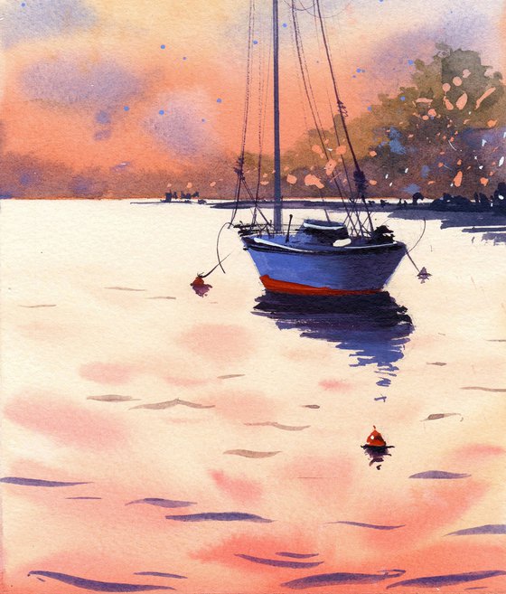 🌟PEACH SUNSET #1 🌟 Original watercolor painting on paper, sea, lake, seascape, sunset