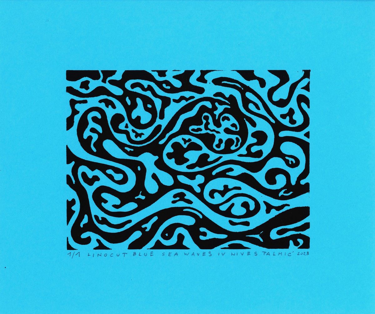 SEA WAVES IV linocut black on blue by Nives Palmic