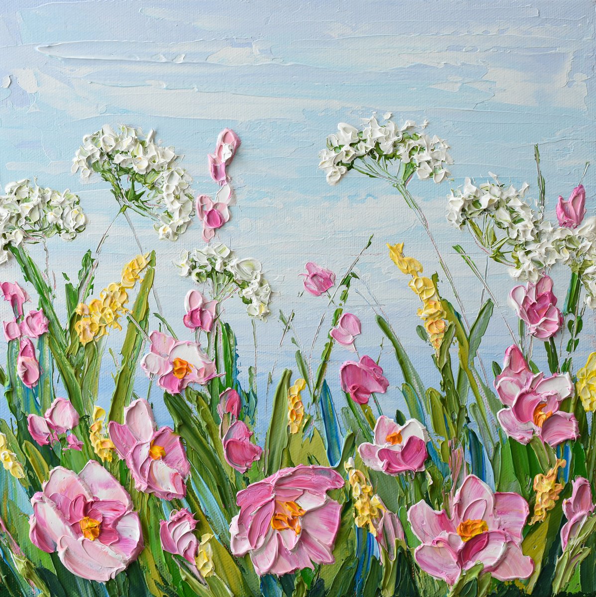 Impressionistic Botanical Acrylic Painting By Olga Tkachyk, 12 X 12", Pink Wildflowers, Original Artwork