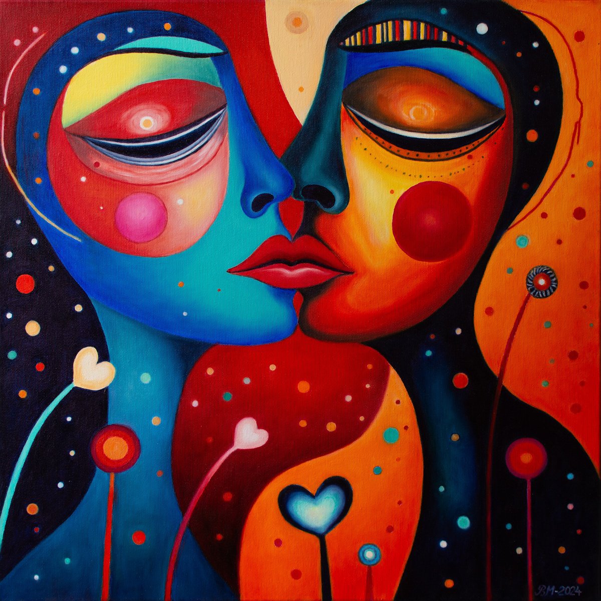 Abstract Portrait Oil Painting By Vera Melnyk, 20 X 20", The Kiss, Original Artwork