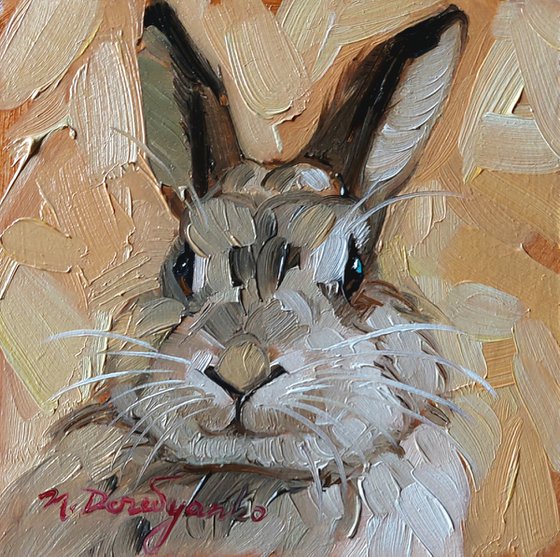 Cute rabbit painting original oil framed 4x4, Small framed art beige rabbit artwork