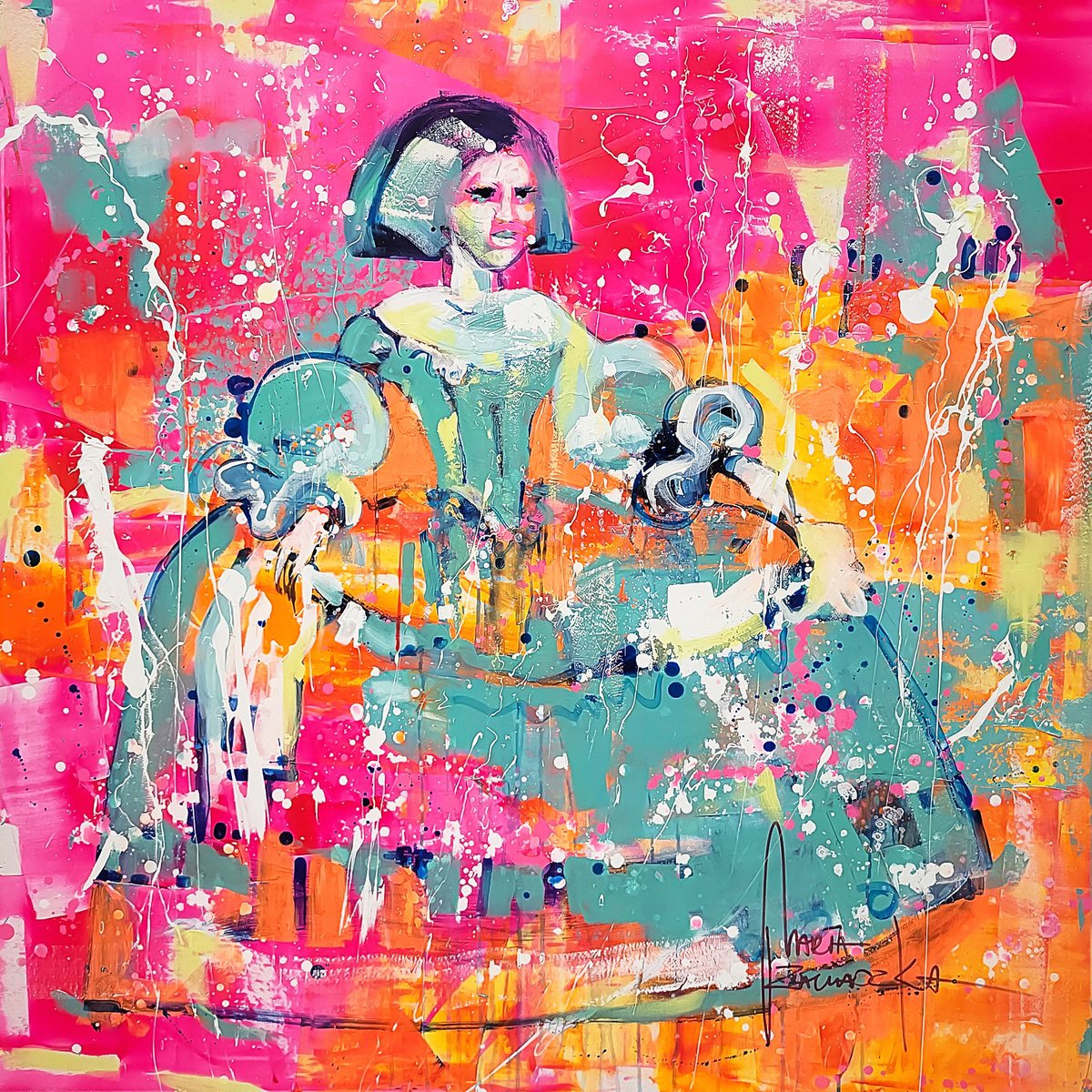 Impressionistic Portrait Acrylic Painting By Marta Zawadzka, 47 X 47", Infanta In Pink, Original Artwork