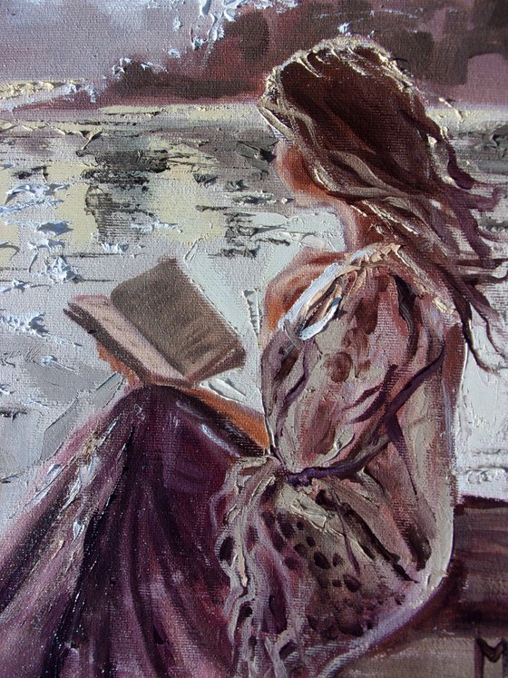 " THE OLD ROMANCE ... " book lover original painting LAKE  palette knife GIFT brown