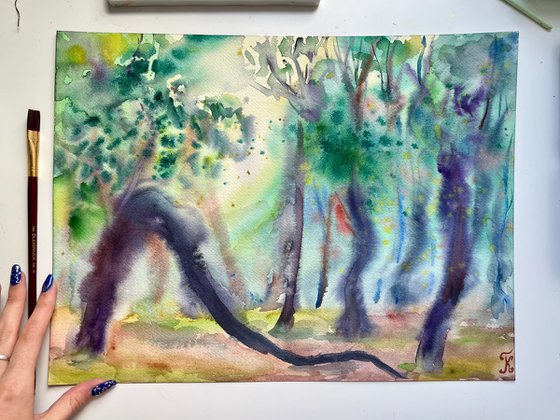 Landscape Original Watercolor Painting, Sunset Forest Artwork, Sun through Trees Art, Rustic Home Decor