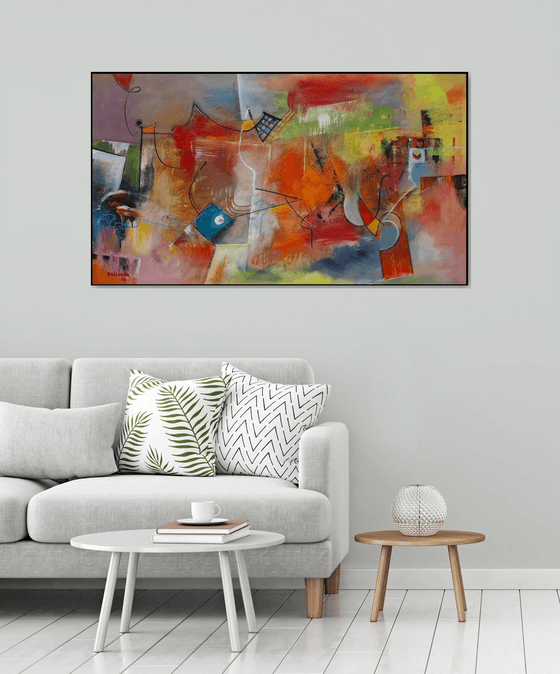 The Heat Of The Day, Large abstract painting, Original art, Oil on canvas, horizontal painting 82x145 cm, red tones