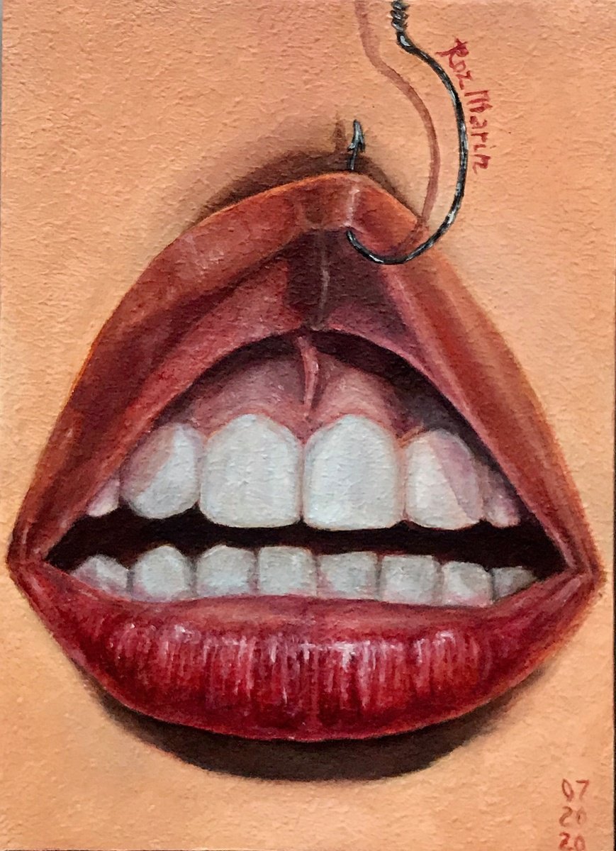 Photorealistic Portrait Oil Painting By Marina Deryagina, 5 X 7", Lips On Hook, Original Artwork