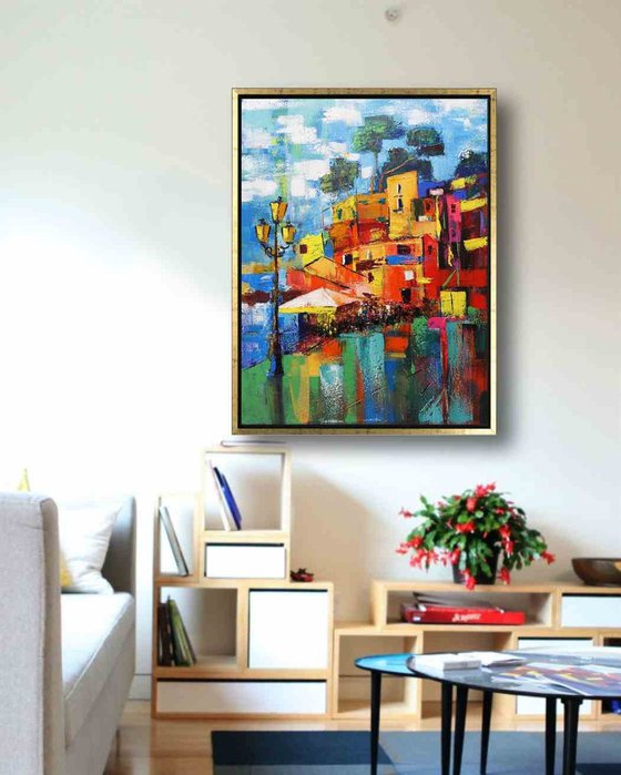 Sorrento view, Italian Cityscape, Italy Sorrento, Impressionist Landscape Italy, Gestural Artwork, Expressive City Landscape, Italy Painting, Mediterranean Coast Painting