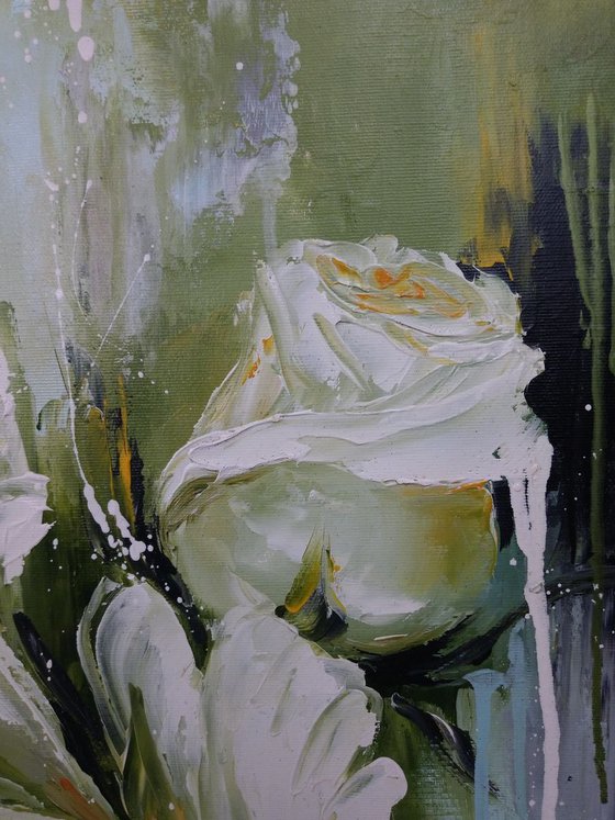 White roses(60x70cm, oil painting, palette knife, ready to hang)