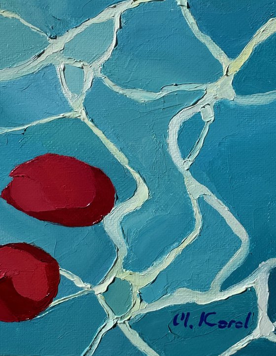 Crimson petals.Blue silence