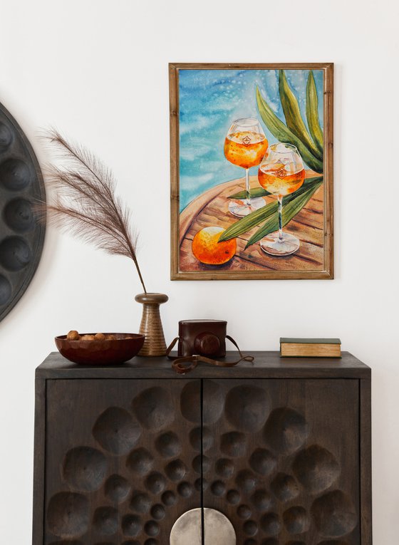 Time for two - original summer watercolor with aperol, orange and palm leaves on the wood table