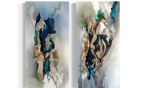 Ethereal Blue and Gold Landscape diptych