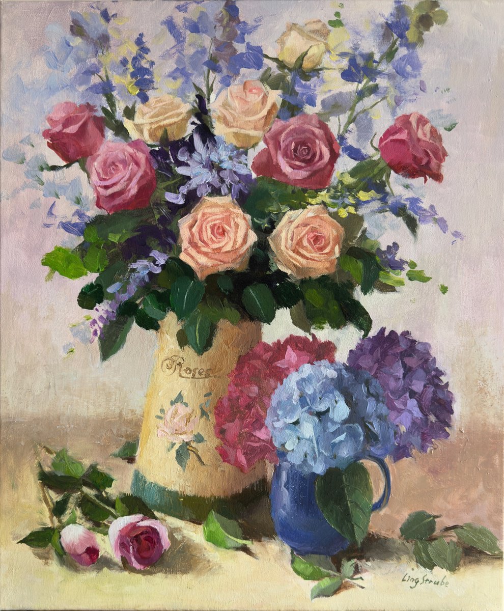 Bouquet In A Country Vase By Ling Strube, 20 X 24, Artwork For Sale On Artfinder