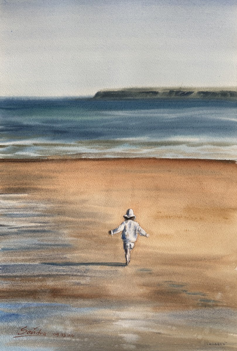 Impressionistic Watercolour , Little Steps By The Ocean By Oleksandra Padushyna, 15 X 22, Artwork For Sale On Artfinder