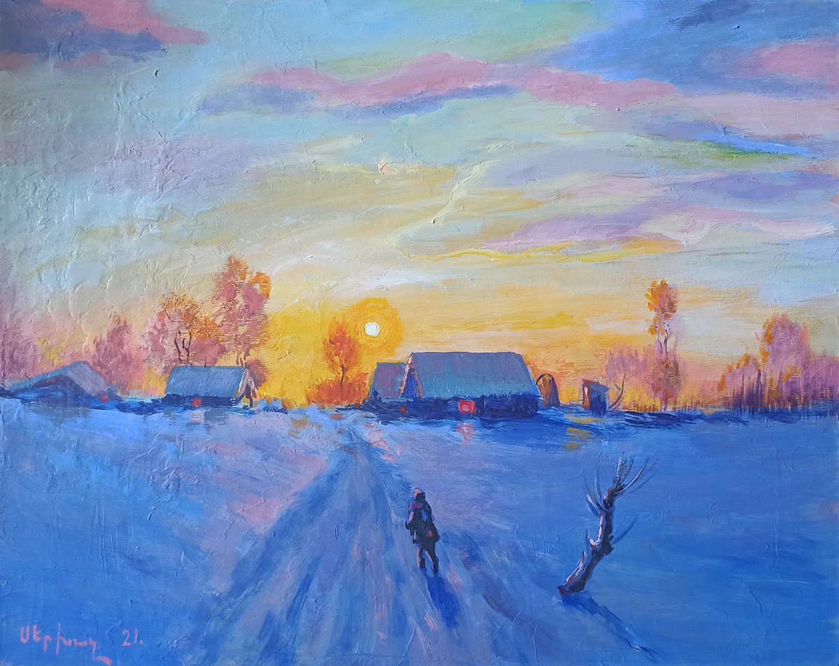 Impressionistic Landscape Oil Painting By Sergey Xachatryan, 20 X 16", Warm Winter, Original Artwork