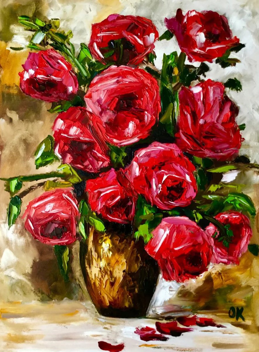 Impressionistic Abstract Oil Painting By Olga Koval, 18 X 24", Bouquet Of Red Roses, Original Artwork